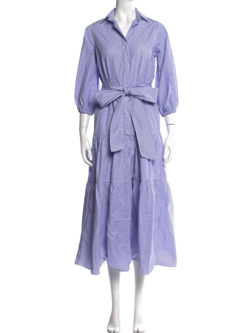 Ann Mashburn Striped Blue Midi Shirtdress with Waist Tie, XS